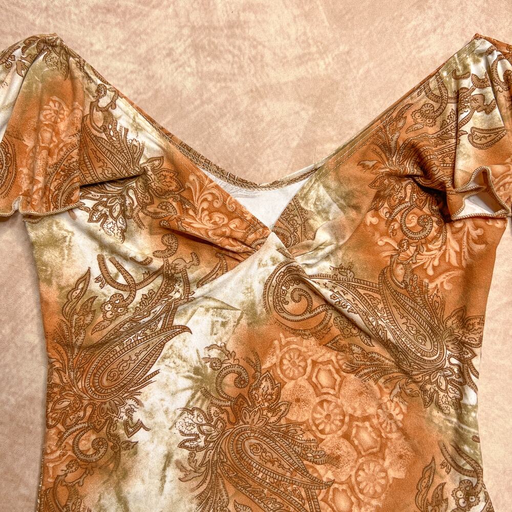 Vintage Y2K Paisley Flutter Sleeve Top Empire Waist Cropped V Neck Renaissance - Picture 6 of 12